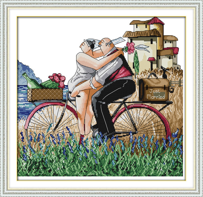 Kreuzstich   | Braut und Bräutigam mit Fahrrad - Abstrakt - 20 x 20cm