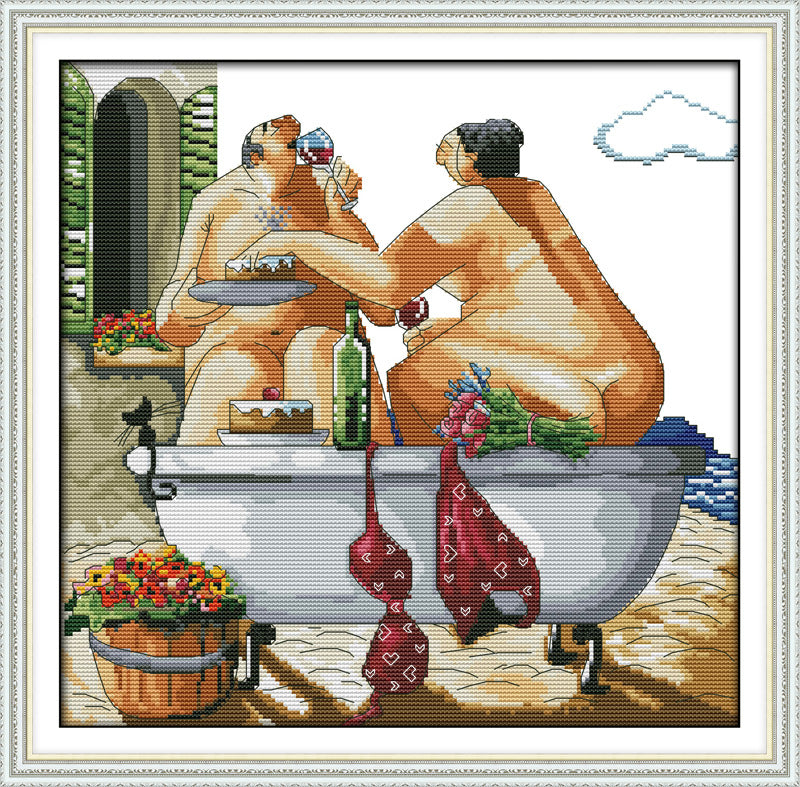 Kreuzstich   | Paar im Badewanne - Abstrakt - 16 x 16cm