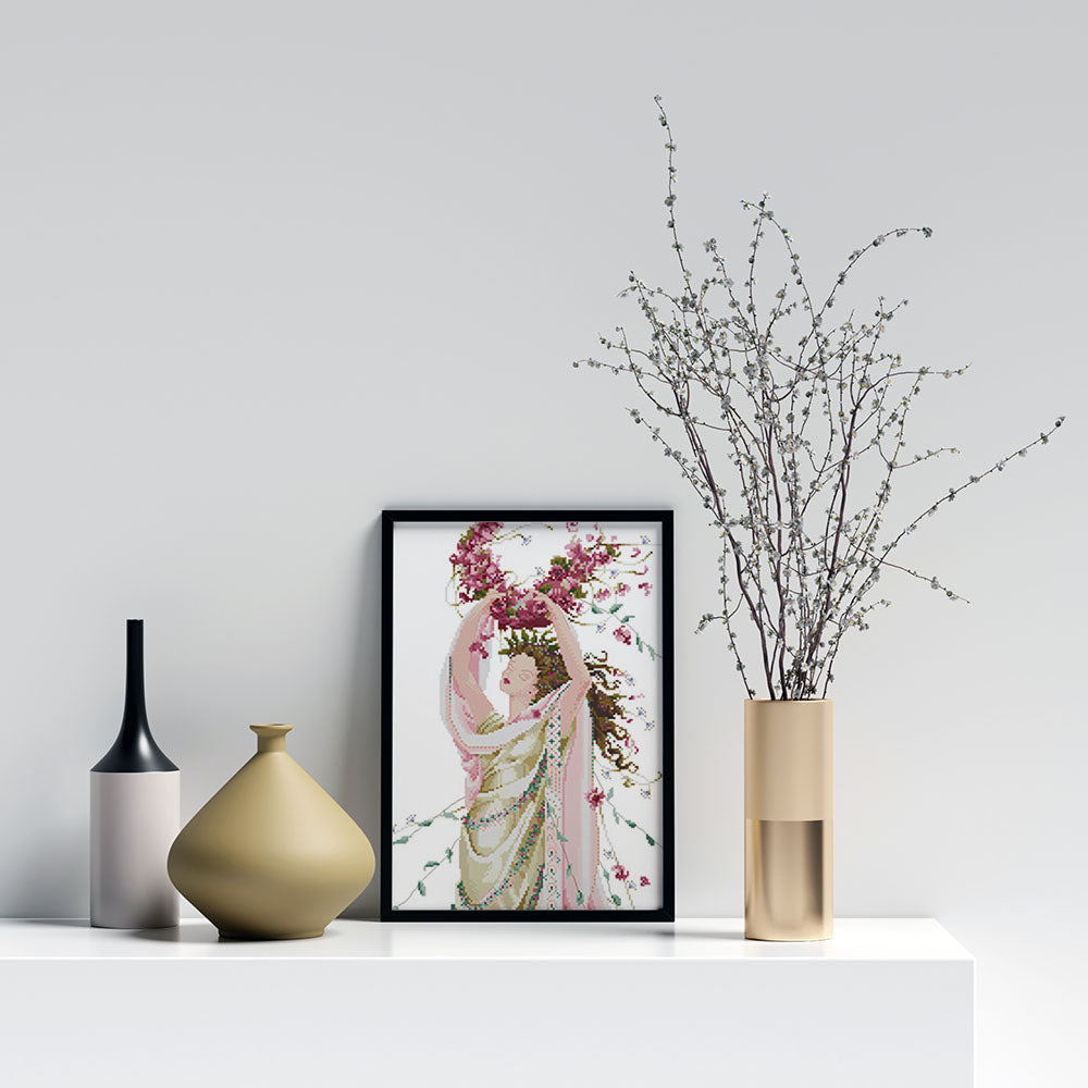 Kreuzstich - Frau mit violetten Blumen | 30x70 cm - Diy - Fadenkunst