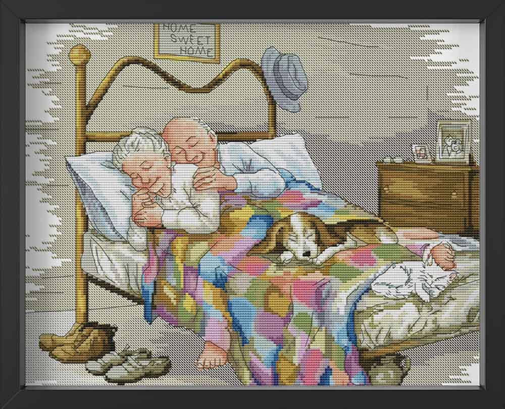 Kreuzstich -  Älteres Pärchen am schlafen mit Hund | 40x30 cm - Diy - Fadenkunst