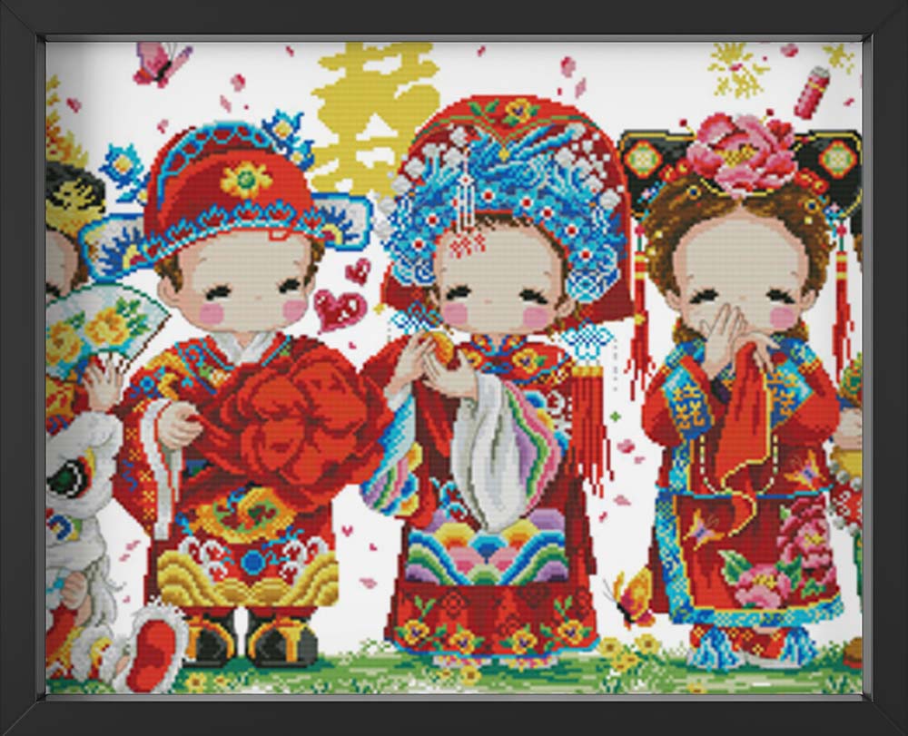 Kreuzstich -  Drei Kinder feiern chines new year | 90x40 cm - Diy - Fadenkunst