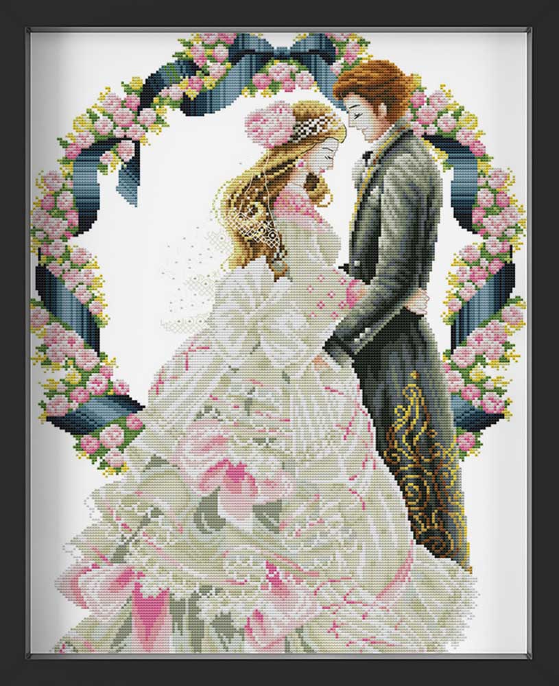 Kreuzstich - Pärchen feiert Hochzeit mit Kranz | 40x60 cm - Diy - Fadenkunst