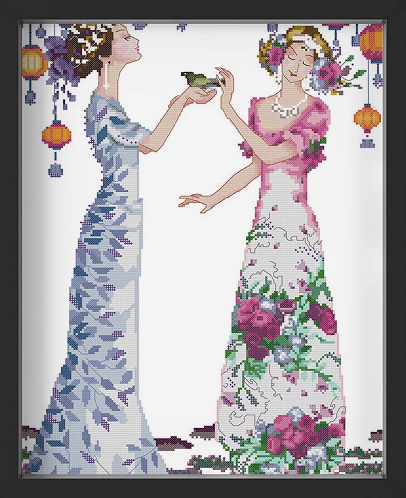 Kreuzstich - zwei Frauen im Kleid | 40x50 cm - Diy - Fadenkunst