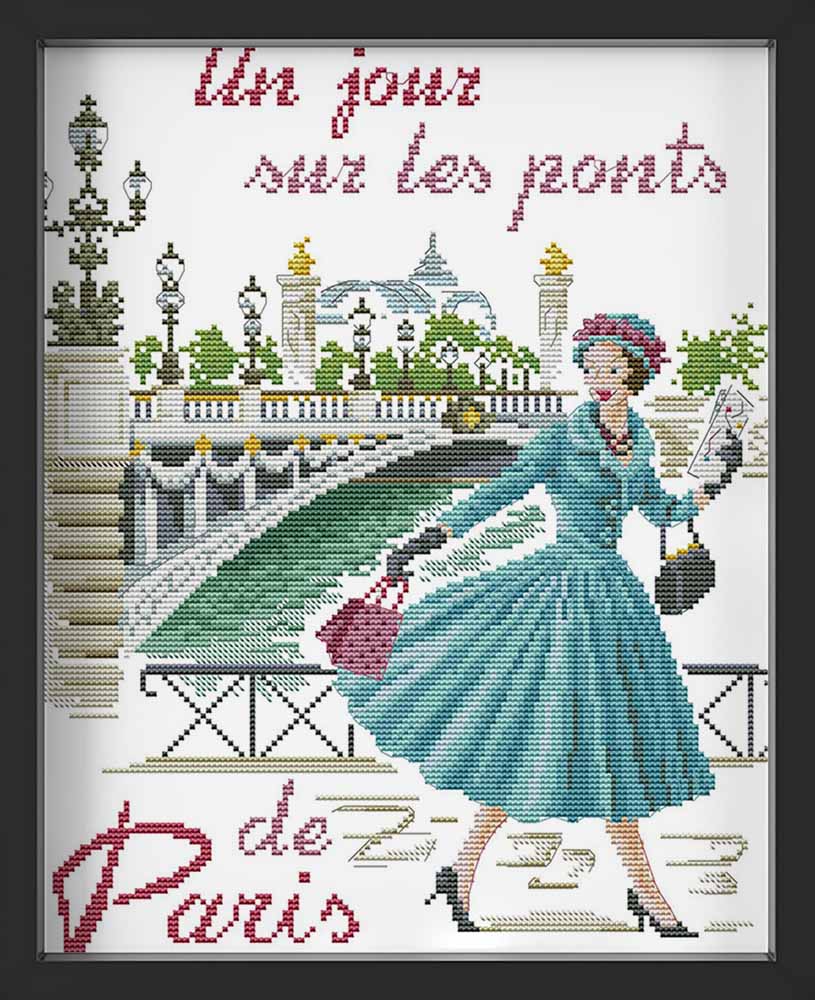 Kreuzstich - Frau in Paris | 30x40 cm - Diy - Fadenkunst