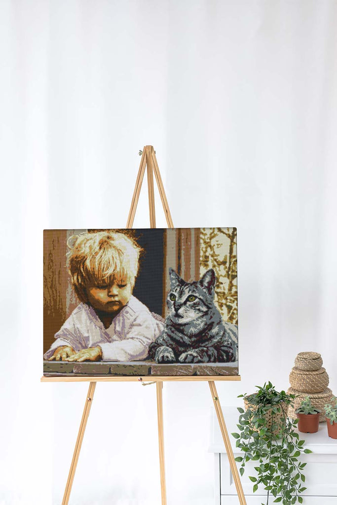 Kreuzstich - Junge mit Katze | 55x45 cm - Diy - Fadenkunst