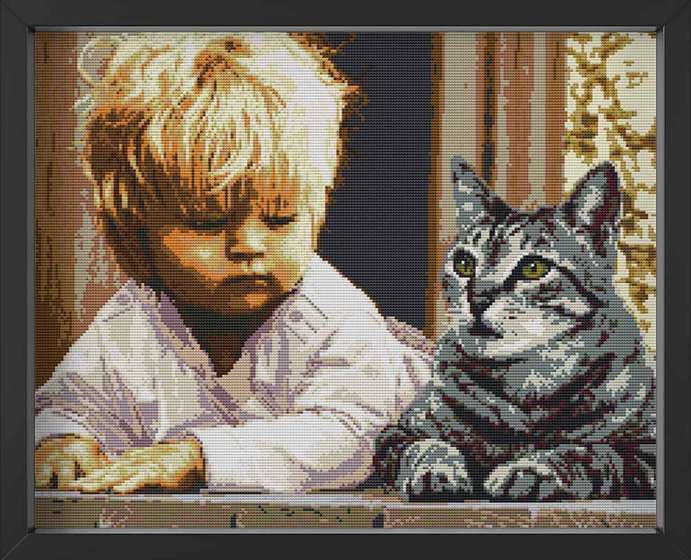 Kreuzstich - kleiner Junge mit Katze | 55x45 - Diy - Fadenkunst