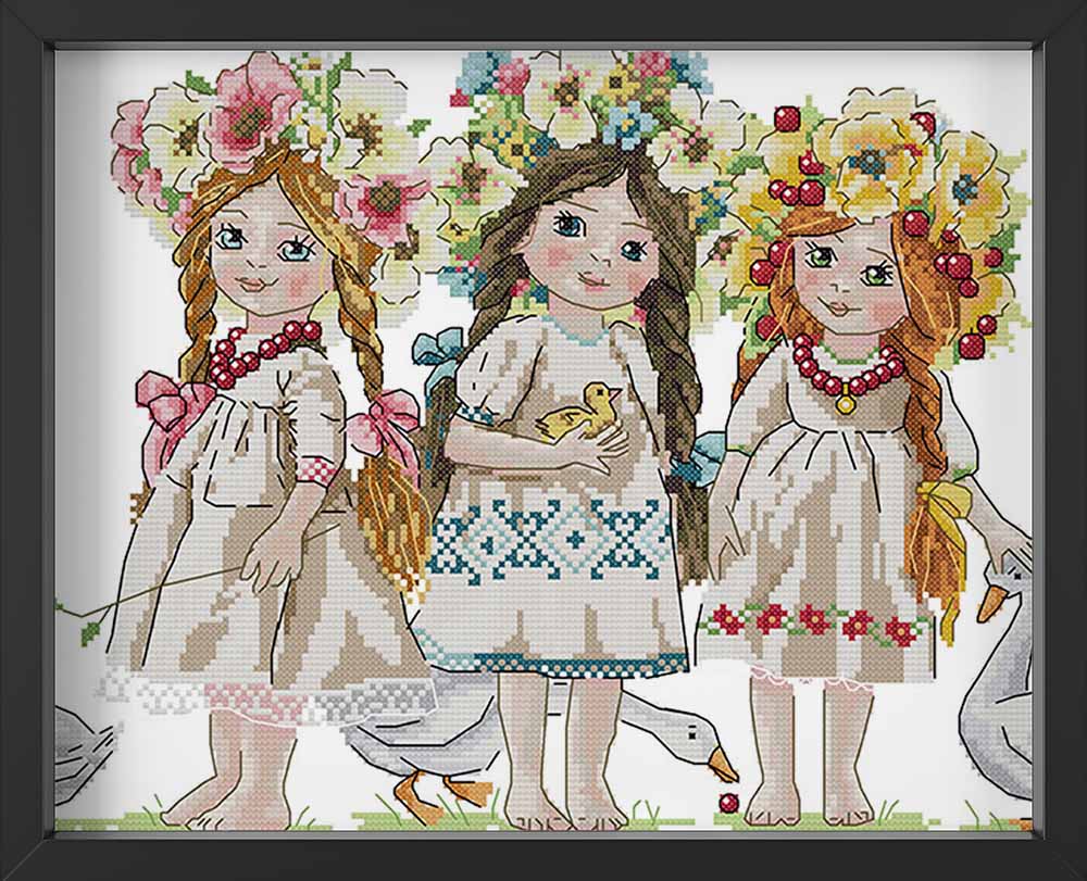 Kreuzstich -  Drei Mädchen mit Blumenkranz | 40x30 cm - Diy - Fadenkunst