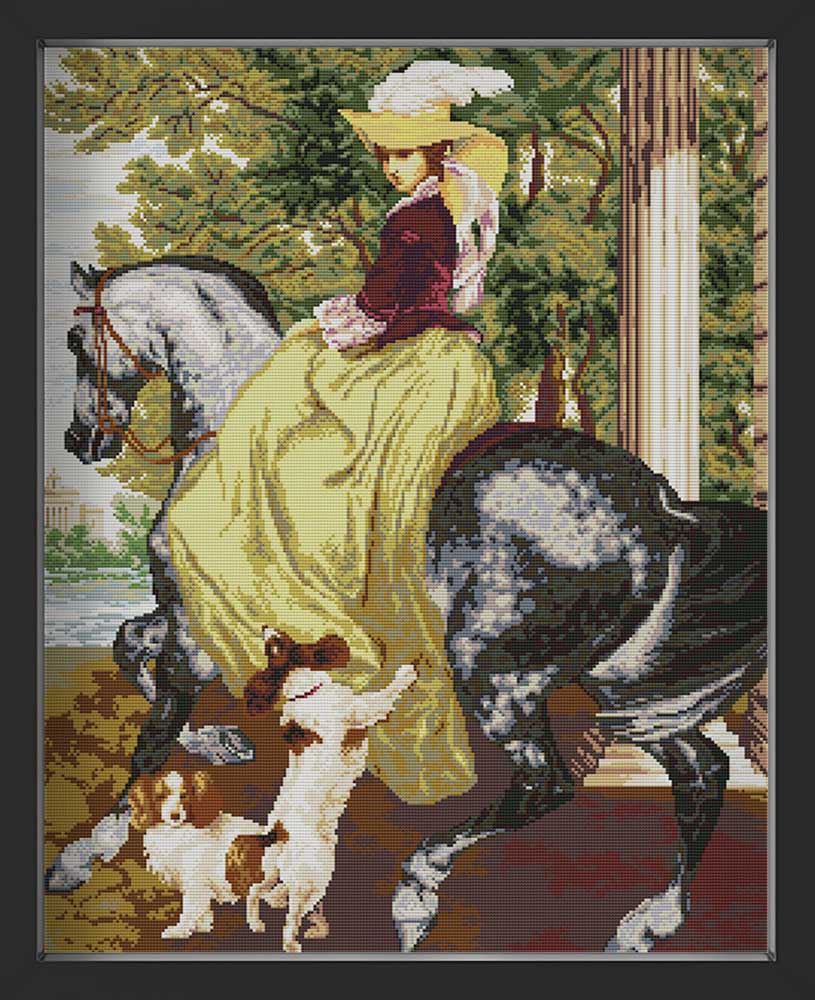 Kreuzstich - Frau auf Pferd mit Hunden | 50x60 cm - Diy - Fadenkunst
