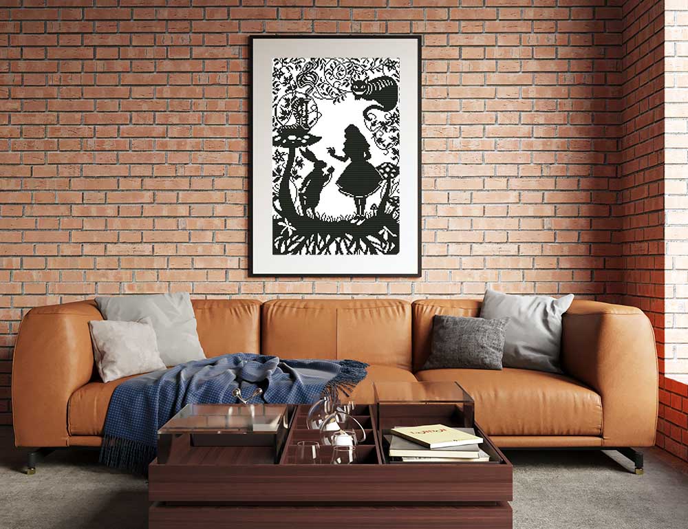 Kreuzstich - Mädchen mit Hase schwarz weiß | 30x40 cm - Diy - Fadenkunst