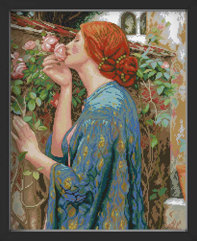 Kreuzstich - rothaarige Frau mit Rosen | 40x60 cm - Diy - Fadenkunst