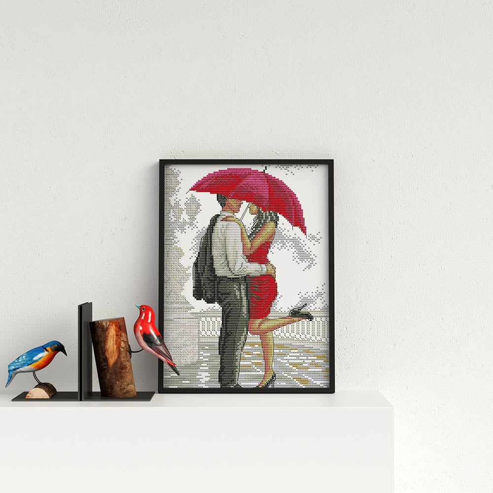 Kreuzstich - Ehepaar mit roten Schirm | 25x35 cm - Diy - Fadenkunst