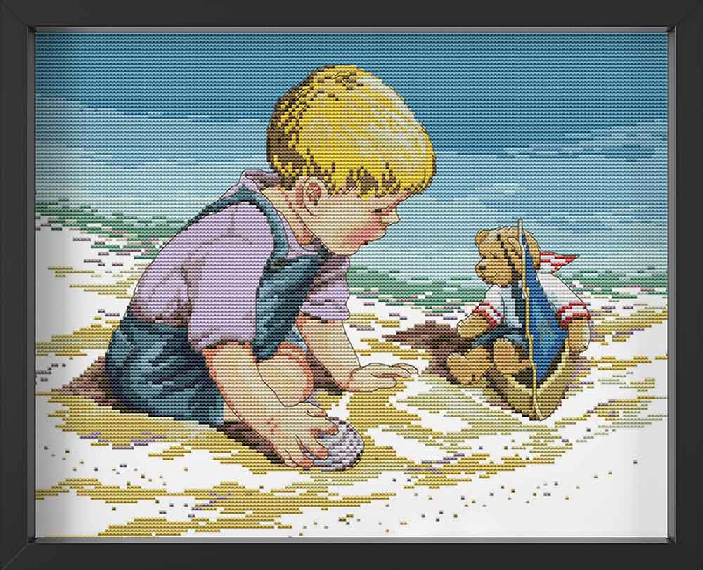 Kreuzstich - kleiner Junge mit Teddybär | 45x35 - Diy - Fadenkunst