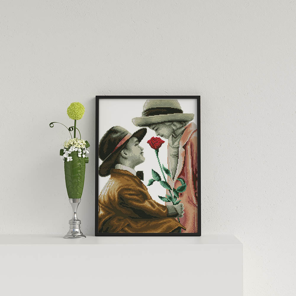 Kreuzstich -  Junge Kinder mit Rose | 30x40 cm - Diy - Fadenkunst