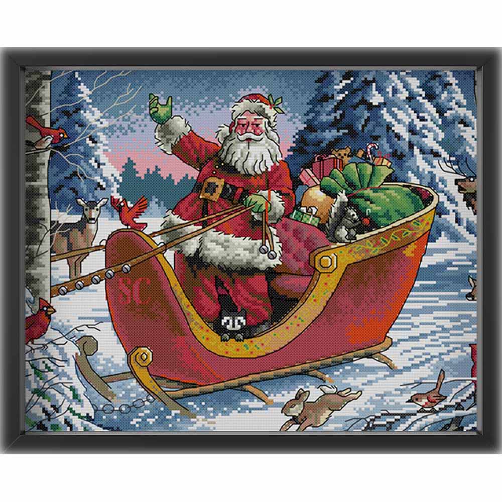 Kreuzstich - Weihnachtsmann im Schlitten | 50x45 cm - Diy - Fadenkunst