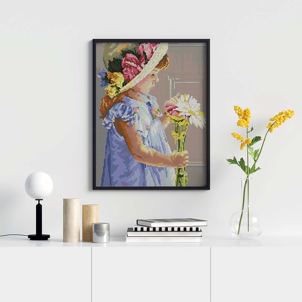 Kreuzstich - Mädchen mit Blumenhut | 30x50 cm - Diy - Fadenkunst