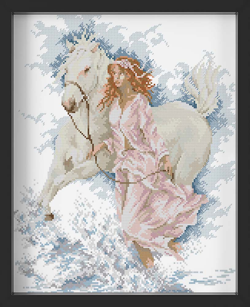 Kreuzstich - Pferd mit Mädchen in Wolken | 30x40 cm - Diy - Fadenkunst