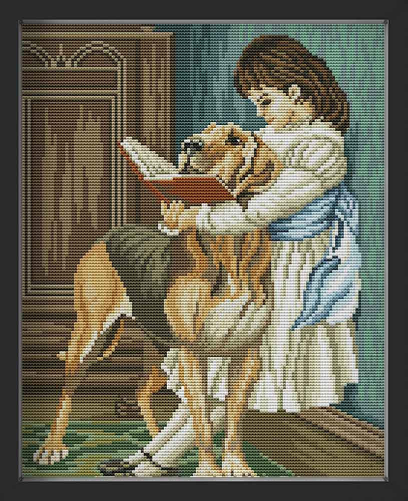 Kreuzstich - Mädchen liest Buch mit Hund | 30x40 cm - Diy - Fadenkunst