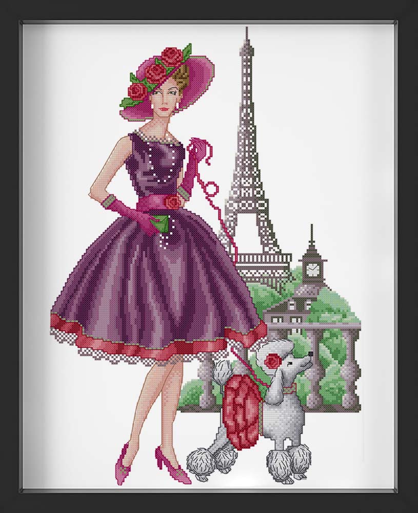 Kreuzstich - Frau mit Pudel in Paris | 30x50 cm - Diy - Fadenkunst