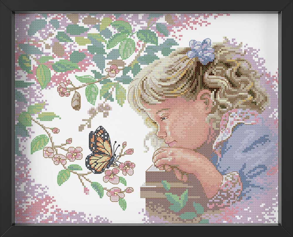 Kreuzstich - kleines Mädchen mit Schmetterling | 35x30 - Diy - Fadenkunst