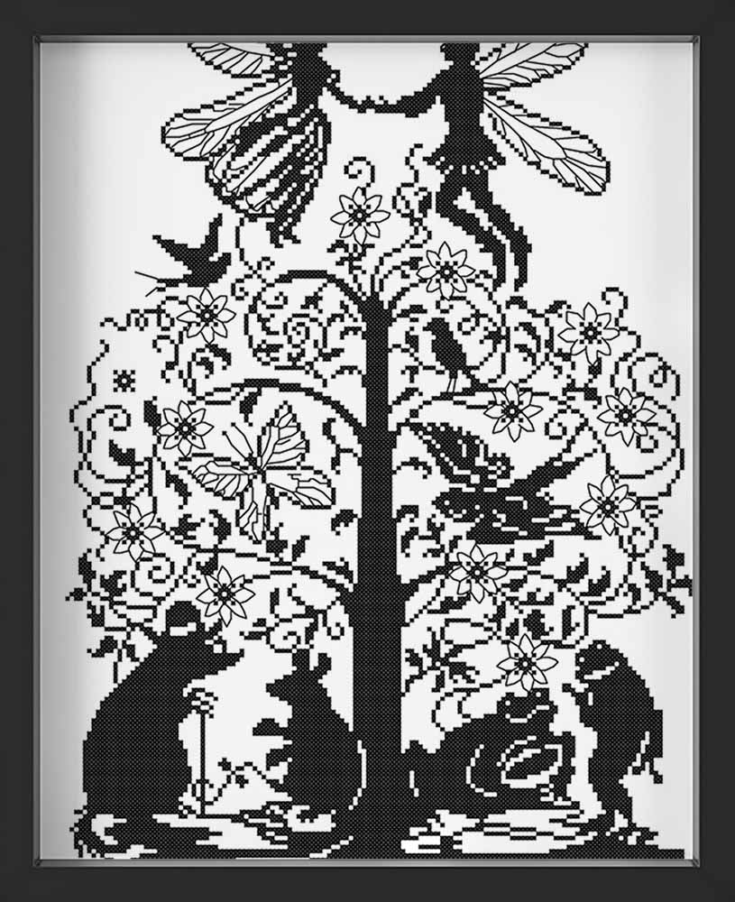 Kreuzstich - Tiere und Elfen schwarz weiß | 30x40 cm - Diy - Fadenkunst
