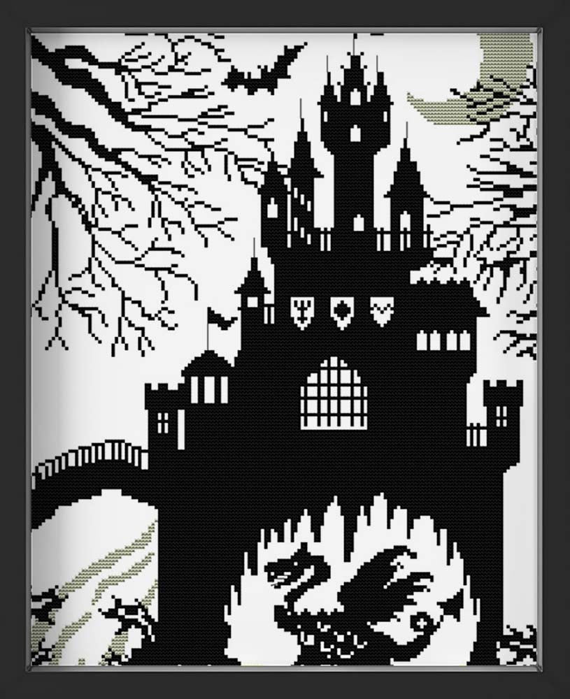 Kreuzstich - Schloss mit Drachen schwarz weiß | 30x40 cm - Diy - Fadenkunst