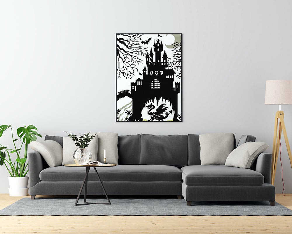 Kreuzstich - Schloss mit Drachen schwarz weiß | 30x40 cm - Diy - Fadenkunst