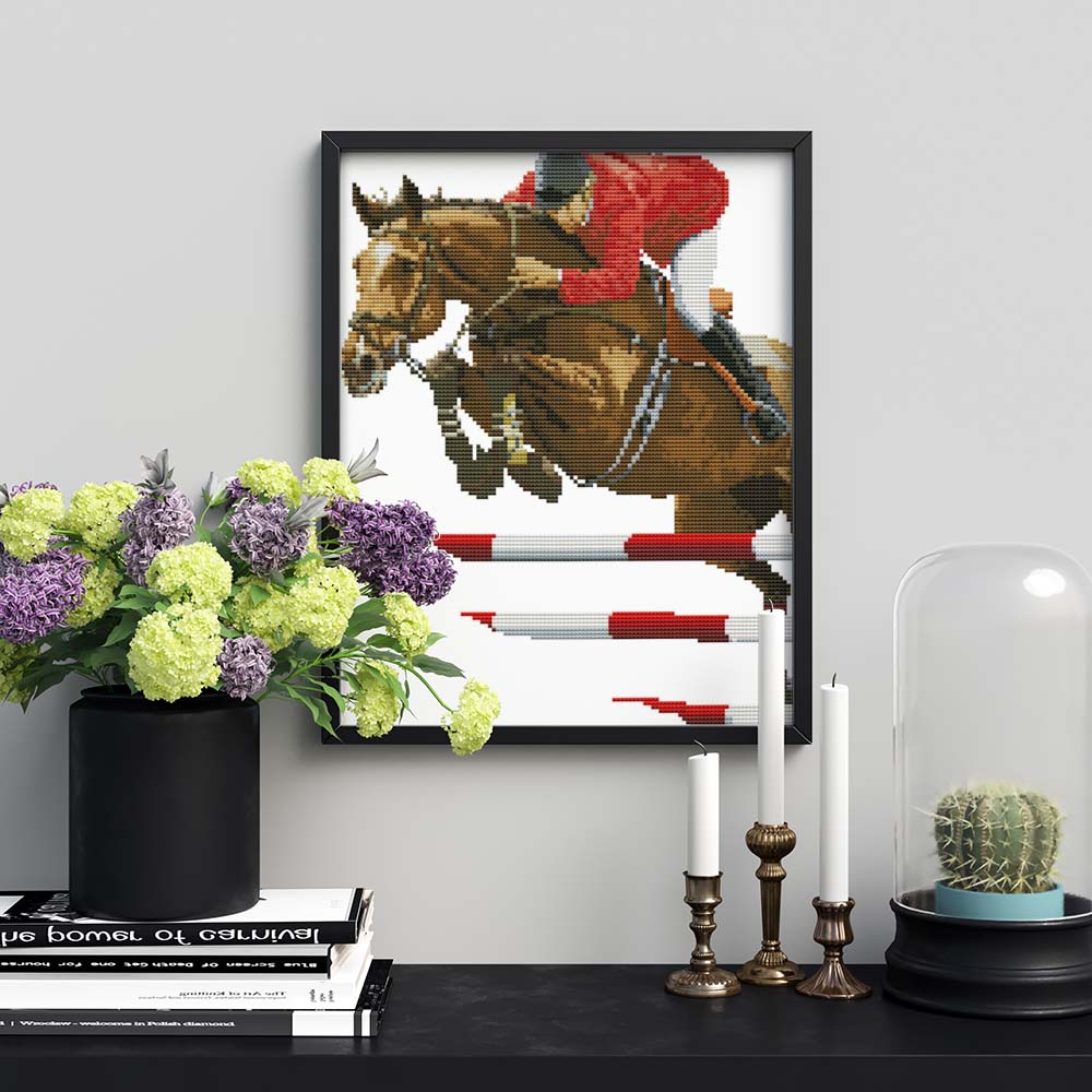 Kreuzstich - Pferd über dem Sprung | 40x30 cm - Diy - Fadenkunst