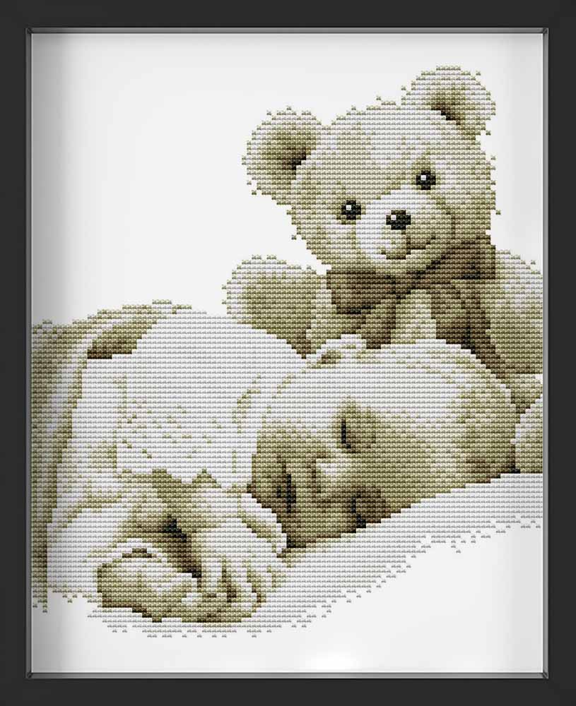 Kreuzstich - Baby mit Teddy im Bett | 30x30 cm - Diy - Fadenkunst