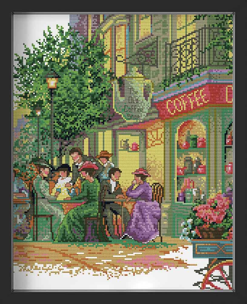 Kreuzstich - Menschen draußen im Cafe | 40x40 cm - Diy - Fadenkunst