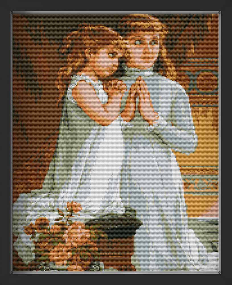 Kreuzstich - zwei Kinder im weißen Kleid | 40x50 cm - Diy - Fadenkunst