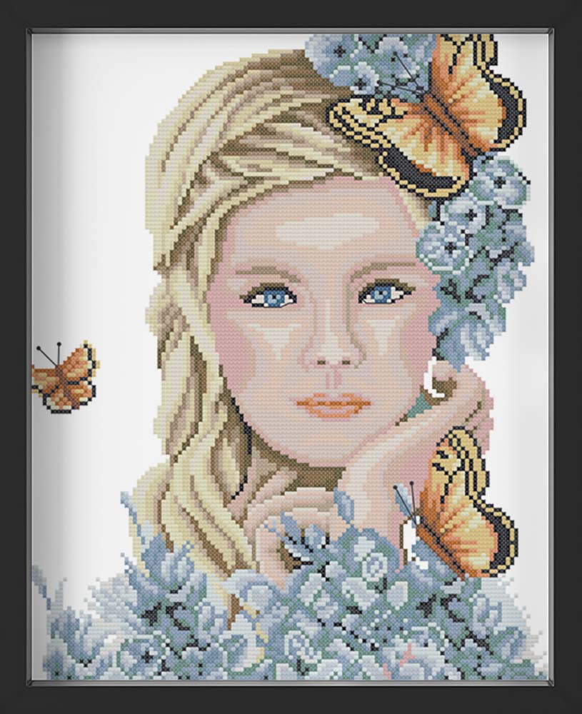 Kreuzstich - blondes Mädchen mit Schmetterlingen | 30x50 cm - Diy - Fadenkunst
