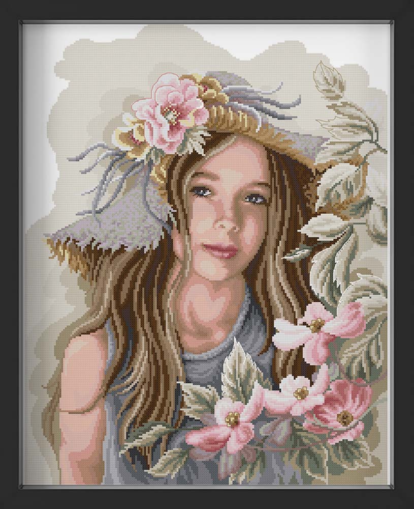 Kreuzstich - süßes Mädchen mit rosa Blumen | 40x50 cm - Diy - Fadenkunst