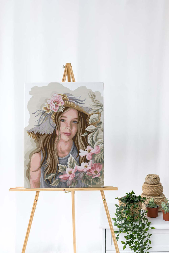 Kreuzstich - süßes Mädchen mit rosa Blumen | 40x50 cm - Diy - Fadenkunst