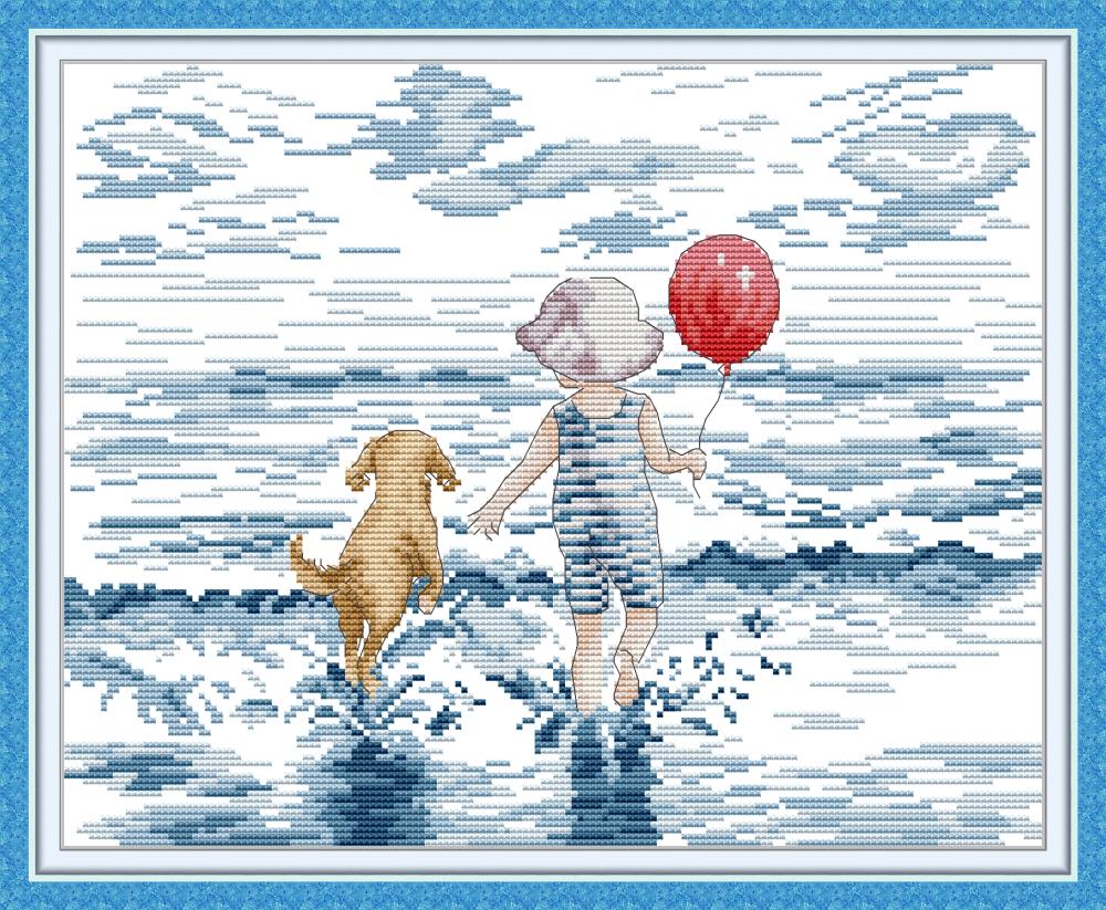 Kreuzstich - Junge mit Hund im Meer | 16x13cm