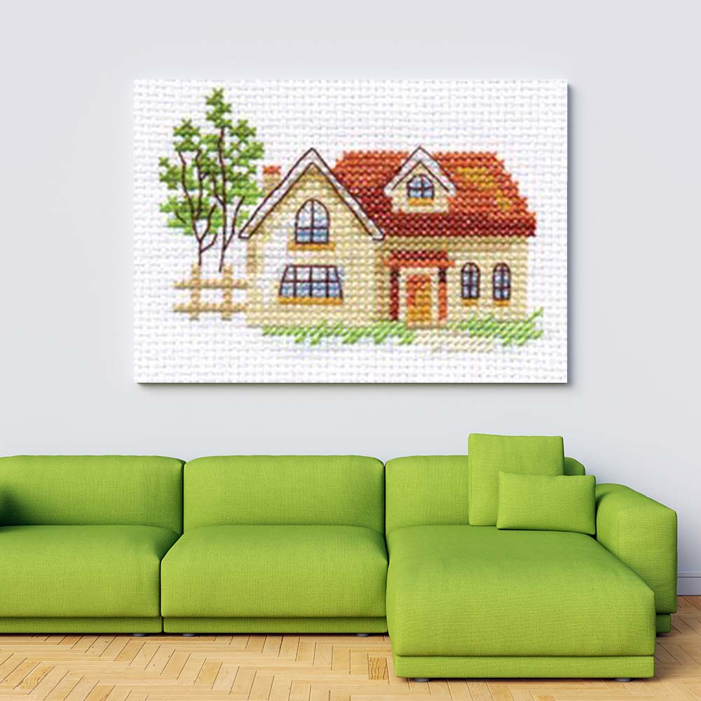 Kreuzstich - Sonniges Haus | 10x10 cm - Diy - Fadenkunst