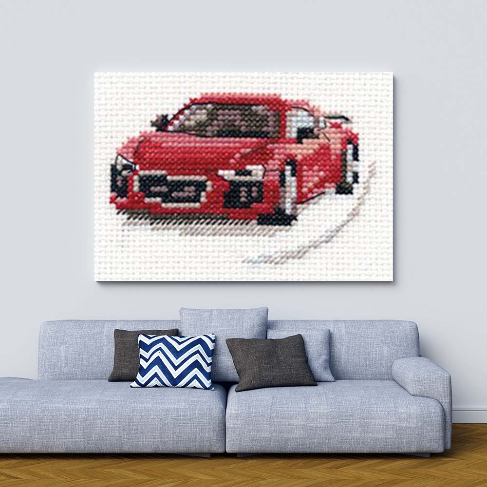 Kreuzstich - Rotes Sportauto | 10x10 cm - Diy - Fadenkunst