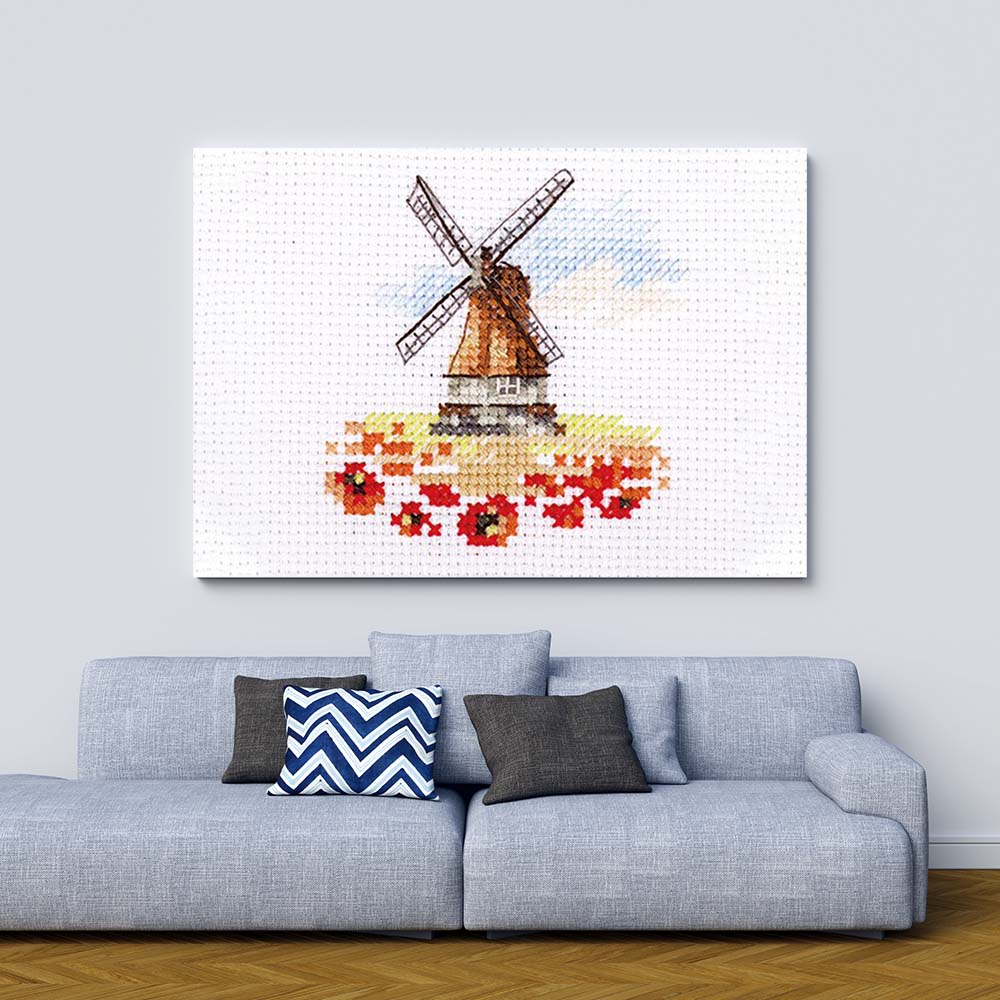 Kreuzstich - Windmühle in einem Mohnfeld | 10x10 cm - Diy - Fadenkunst