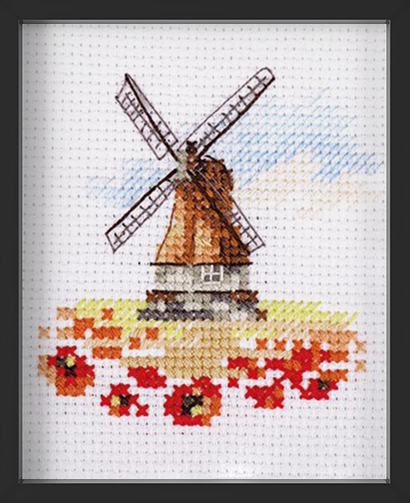 Kreuzstich - Windmühle in einem Mohnfeld | 10x10 cm - Diy - Fadenkunst