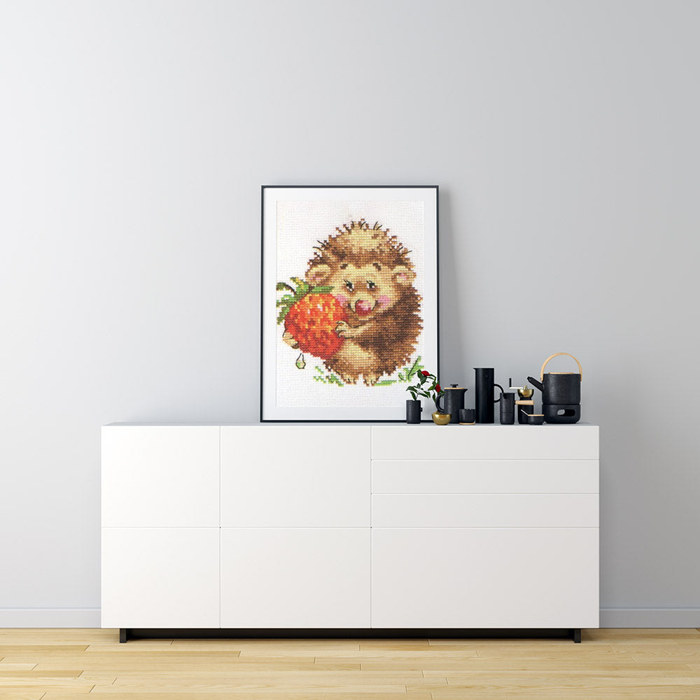 Kreuzstich - Igel mit Erdbeeren | 15x15 cm - Diy - Fadenkunst