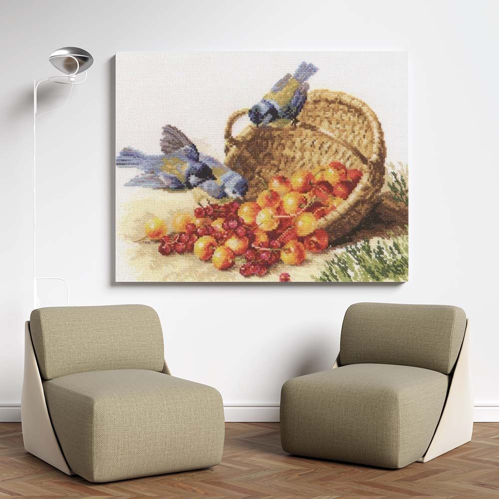 Kreuzstich - Chickadeen und Süßkirschen | 35x25 cm - Diy - Fadenkunst
