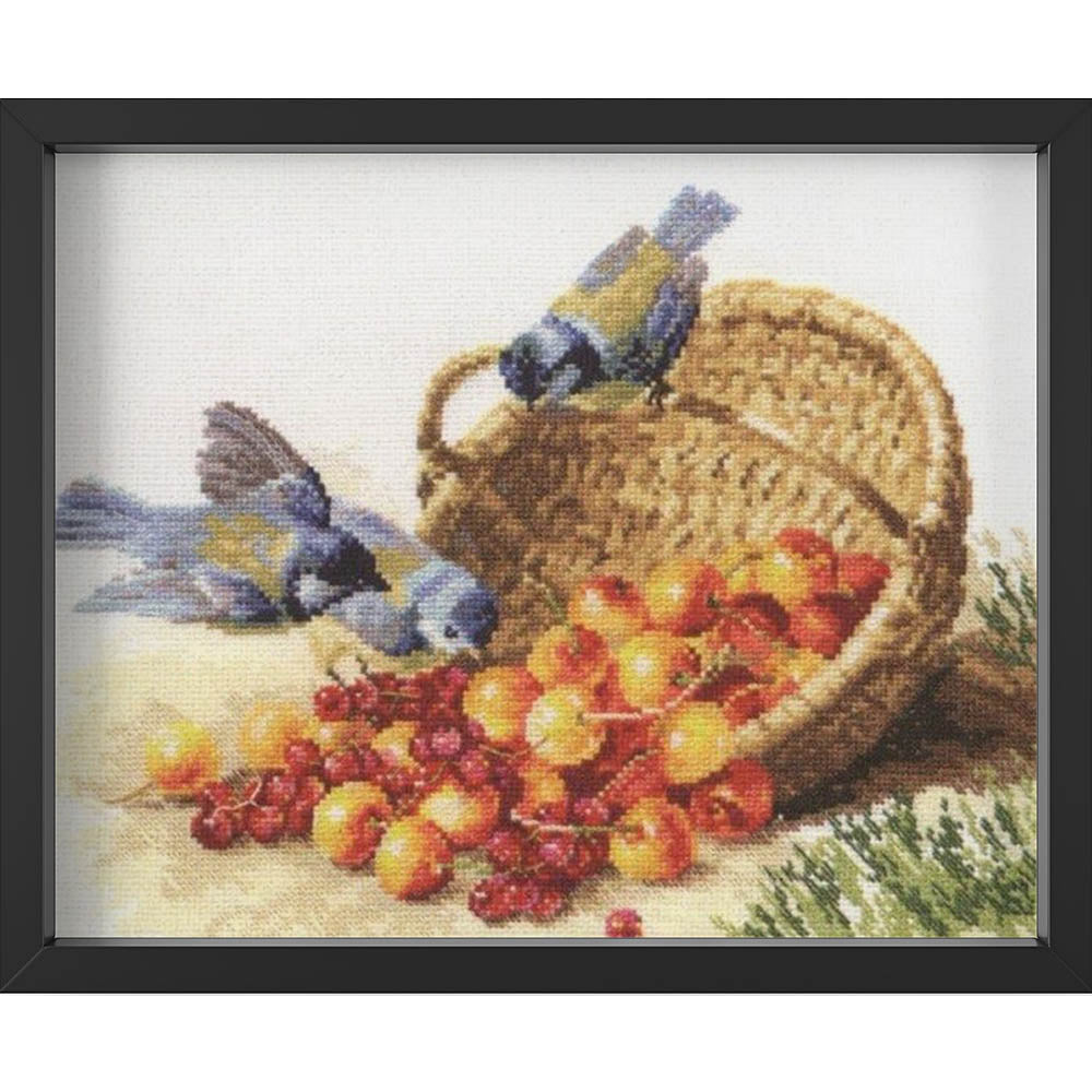 Kreuzstich - Chickadeen und Süßkirschen | 35x25 cm - Diy - Fadenkunst