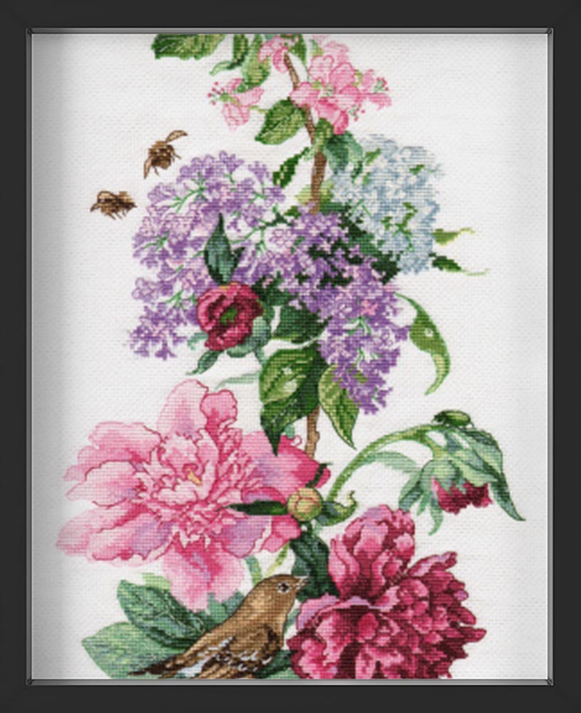 Kreuzstich - Blütenkomposition - Pfingstrosen | 20x45 cm - Diy - Fadenkunst