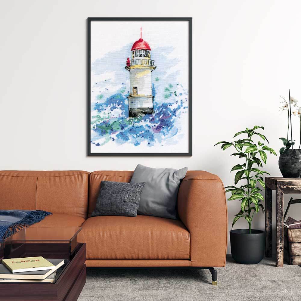 Kreuzstich - Leuchtturm in Pastell | 25x30 cm - Diy - Fadenkunst