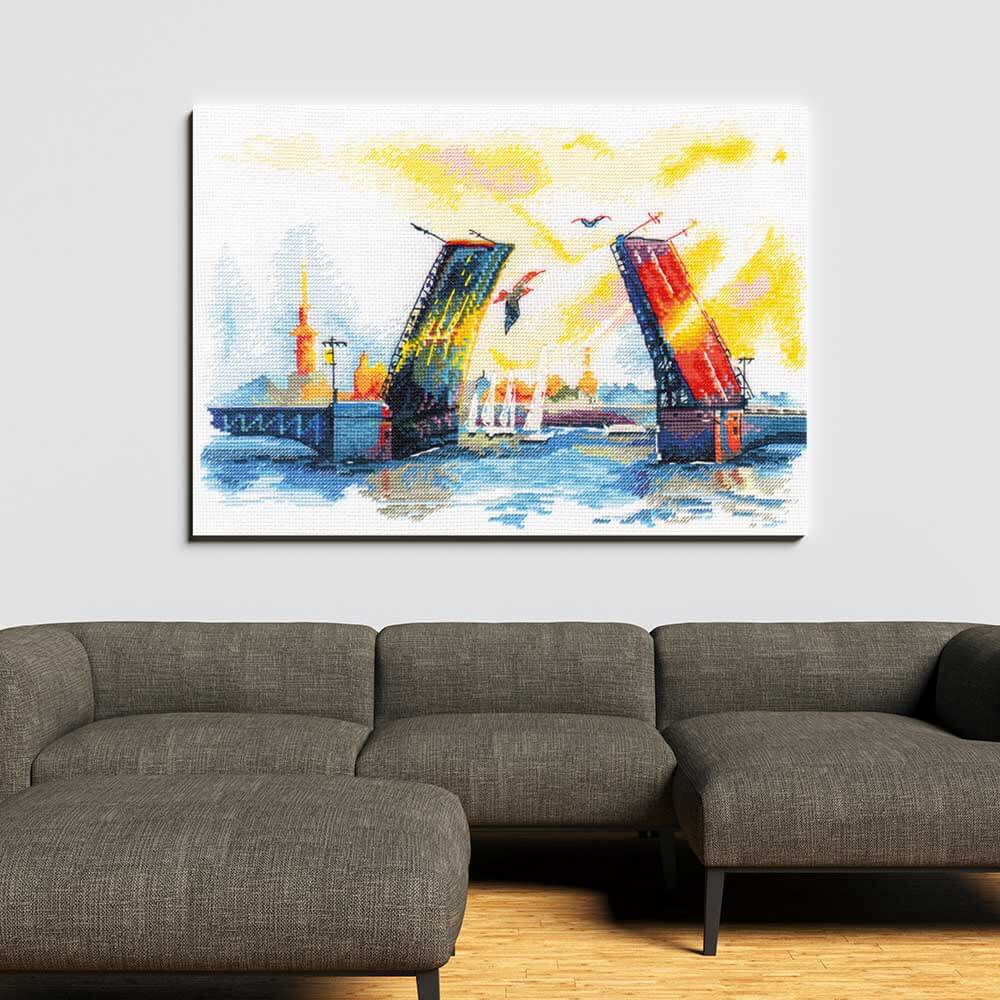Kreuzstich - Bootsbrücke in Pastell | 30x20 cm - Diy - Fadenkunst