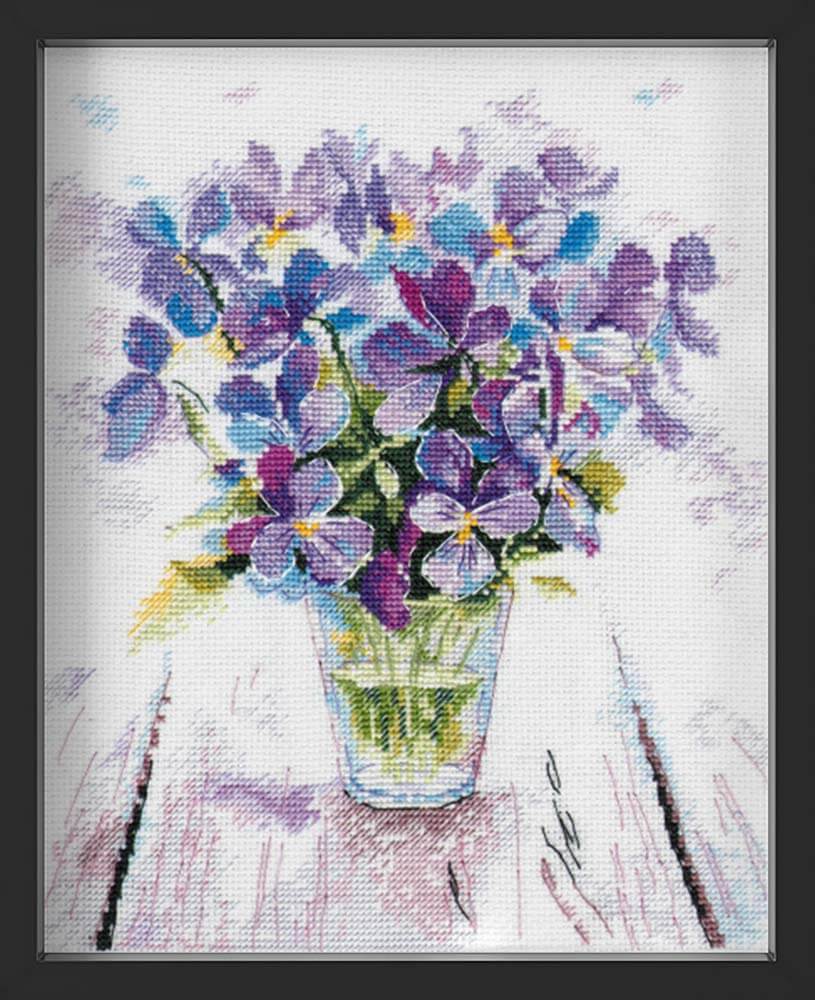 Kreuzstich - Blau Violetter Blumenstrauß | 20x22 cm - Diy - Fadenkunst