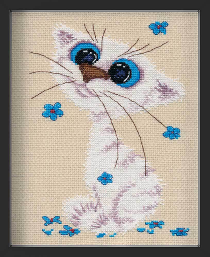 Kreuzstich - Kleine Blumen Katze | 10x20 cm - Diy - Fadenkunst