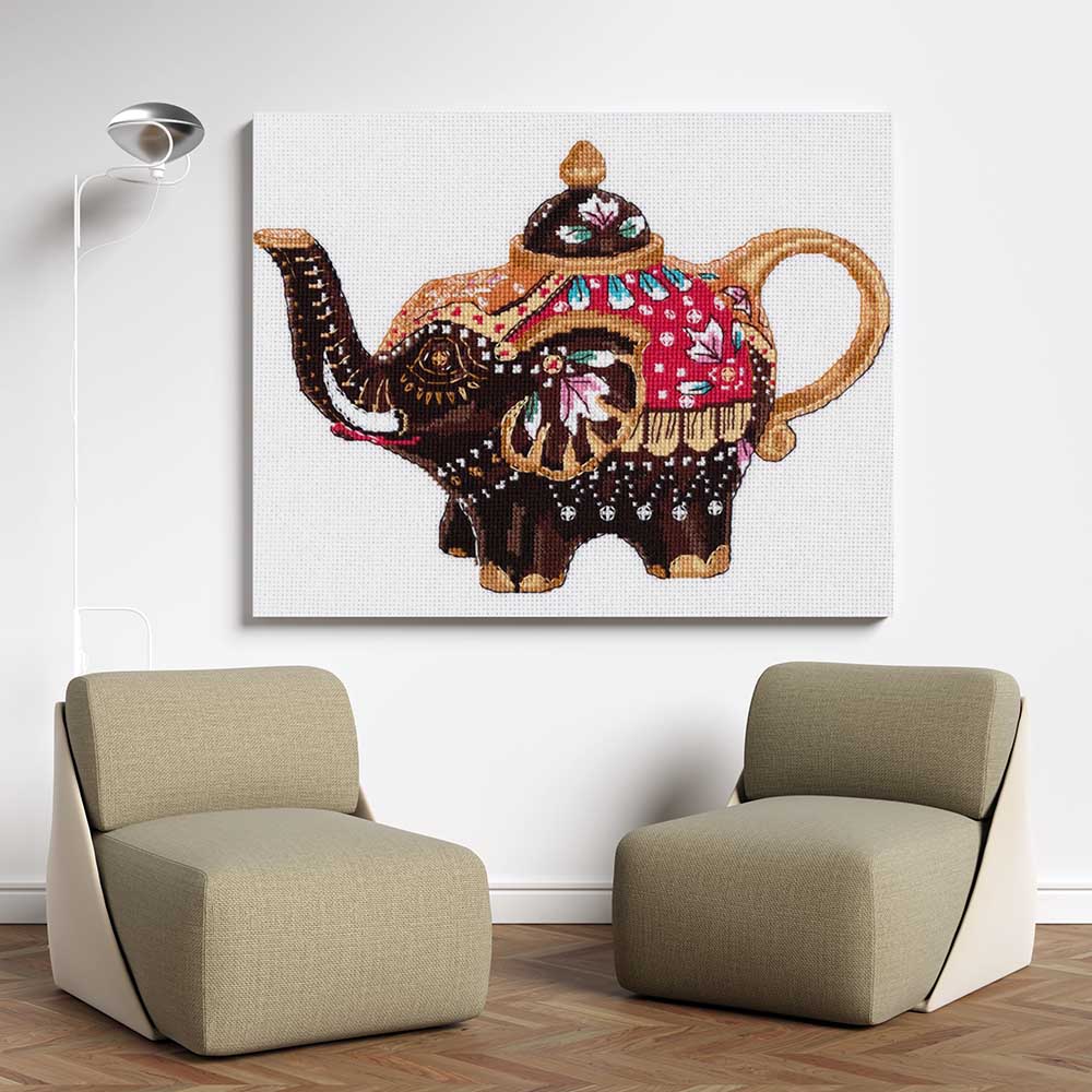 Kreuzstich - Tee Elefant | 30x20 cm - Diy - Fadenkunst