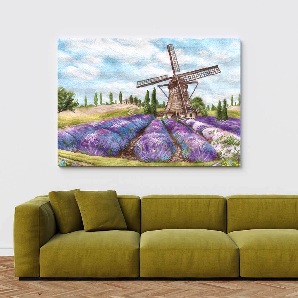 Kreuzstich - Windmühle im Lavendelfeld | 35x20 cm - Diy - Fadenkunst