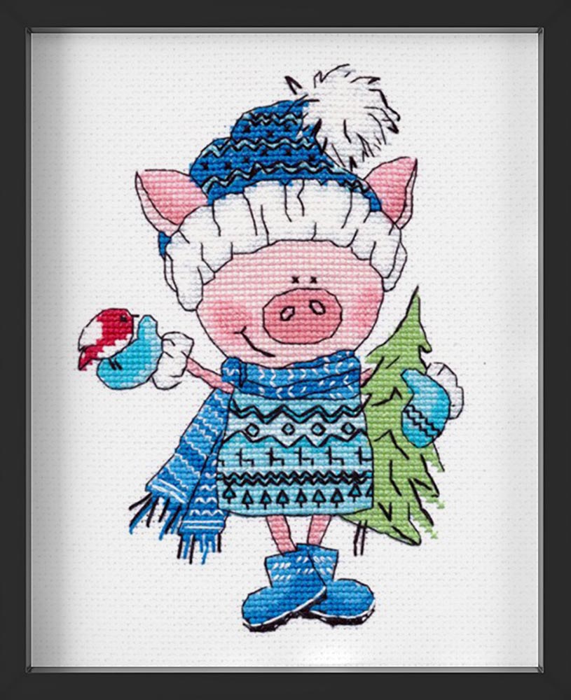 Kreuzstich - Magnet - Schwein mit Weihnachtsbaum | 15x20 cm - Diy - Fadenkunst