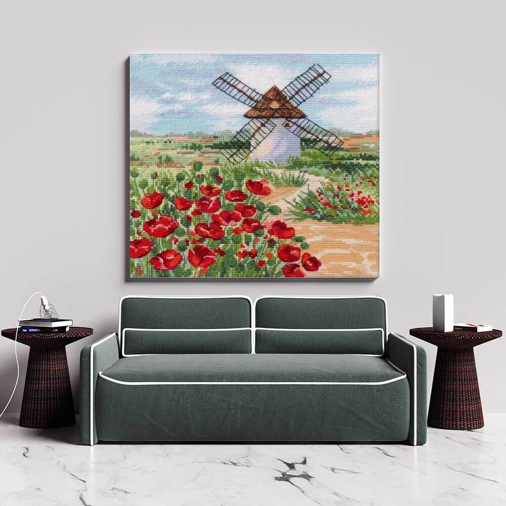 Kreuzstich - Windmühle im Feld | 20x20 cm - Diy - Fadenkunst